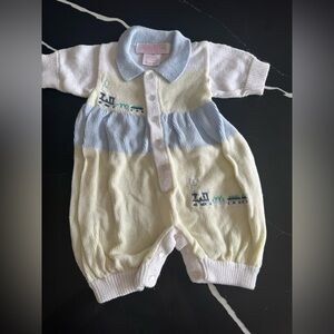 Vintage Baby Knit One-Piece Romper in Pale Yellow and Light Blue